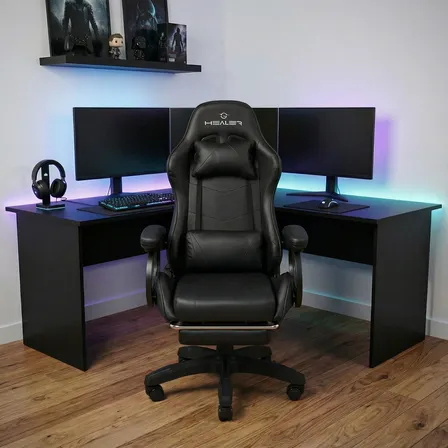 Cadeira Gamer Preto Healer Level Reclinável Com Apoio Pés Couro Sintético