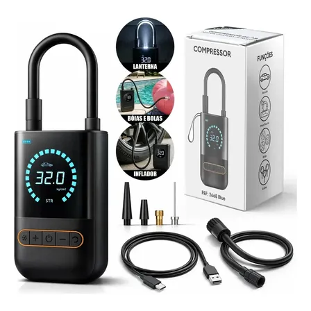 Compressor De Ar Digital Mini 12v Portátil Com Lanterna Led Para Moto Carro Bike Ciclismo E Enchimento De Pneus Preto 127/220v 60 Hz Monofásica