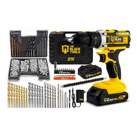 Parafusadeira Furadeira De Impacto Profissional 21v Tb21pw Com Kit Brocas E Buchas 300 Peças The Black Tools Amarelo 127/220v 50/60hz