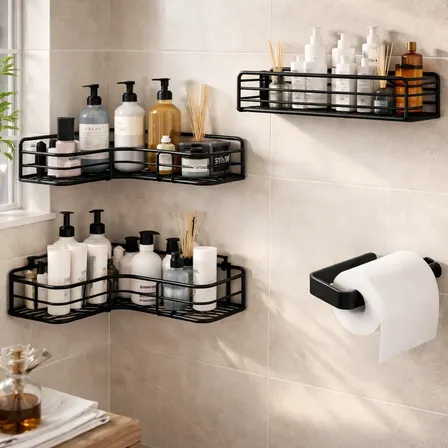 Kit 4 Suporte De Banheiro Alto Adesivo De Parede Aramado Preto